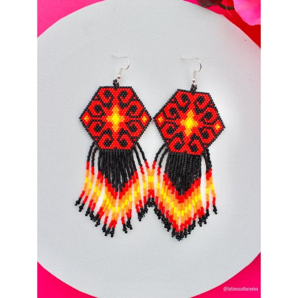 Mexican Earrings Huichol Earrings Floral Mexican Earrings, Boho Floral Earrings, - Picture 3 of 3